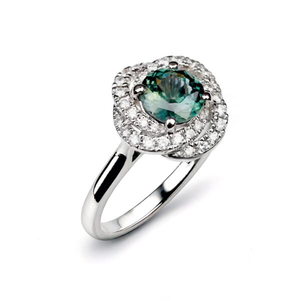 Bague saphir vert entourage diamants fleur or blanc Compagnie des Gemmes joaillier à Paris