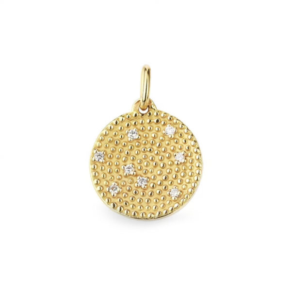 Pendentif diamants, médaille en or jaune perlé 18K