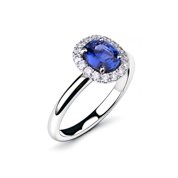 Bague saphir bleu Royal Blue entourage diamants sur anneau en or blanc 18K Compagnie des Gemmes