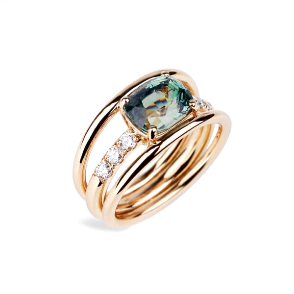 Bague saphir vert anneau 6 diamants brillant triple anneaux en or rose 18K Chenonceau Toscane Compagnie des Gemmes