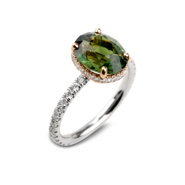 Bague saphir vert diamants or rose et or blanc